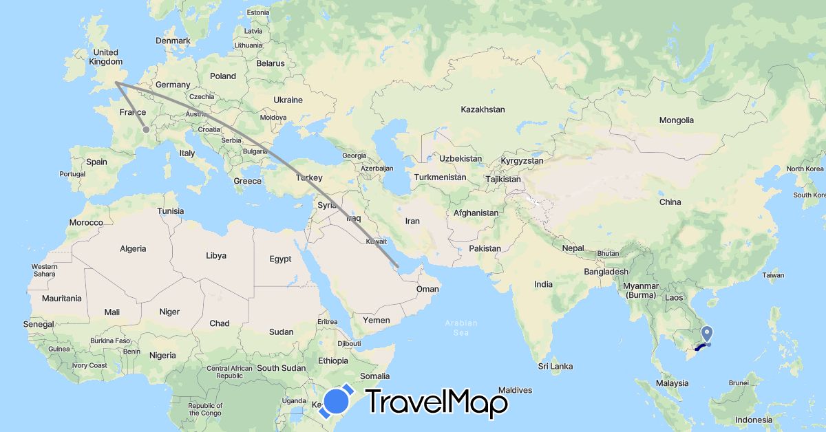 TravelMap itinerary: driving, plane, cycling in France, United Kingdom, Qatar, Vietnam (Asia, Europe)